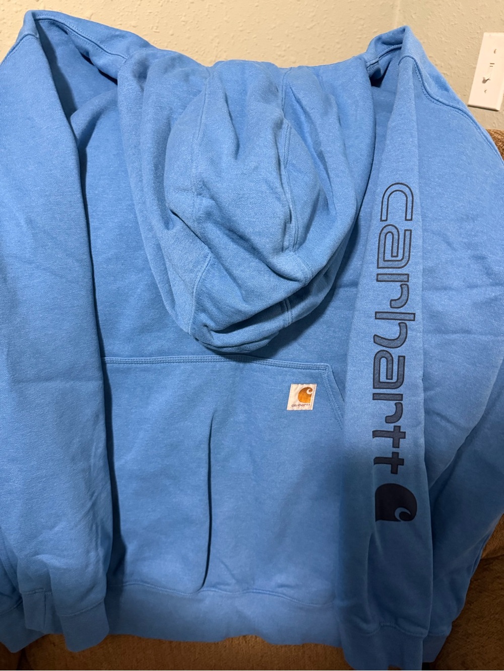 Carhartt Men's Light Blue Hooded Sweatshirt with Logo Sleeve